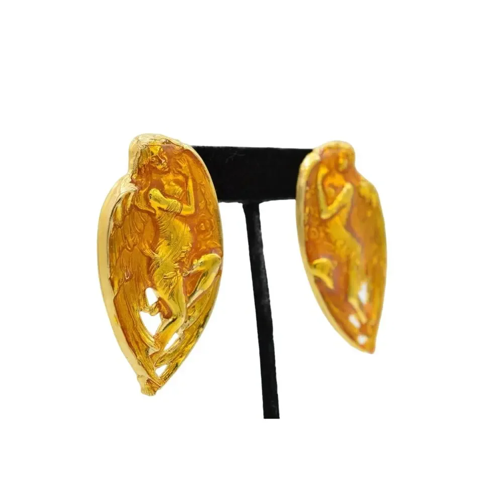 Vintage Statement Woman Abstract Enamel Earrings Angel Chunky NOS 80s 1980s 9L